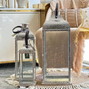 Lanternes décoratives en métal martelé argenté avec anses en cuir