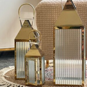 Lanternes Décoratives Dorées En Métal Brillant Et Verre Strié