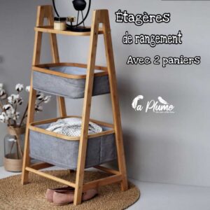 Panier à Linge en Bambou avec Étagère 2 Paniers