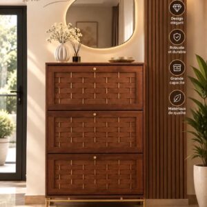Meuble de rangement en bois foncé avec incrustations dorées