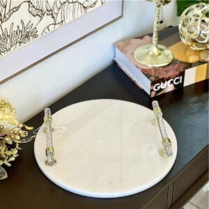 Plateau rond en marbre avec poignées dorées et transparentes