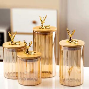 Pots de rangement en verre ambré avec couvercle en bois et décoration cerf doré
