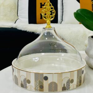 Cloche à Gâteau en Porcelaine et Verre – Élégance Dorée