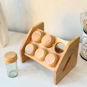 Porte-épices en bois avec 6 bocaux en verre