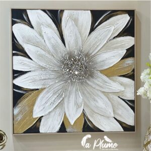 Tableau floral en relief 82x82 cm – Fleur blanche et dorée