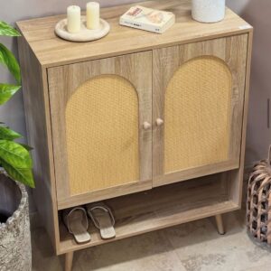 Meuble à chaussures en bois et rotin naturel