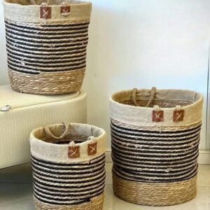 Set de 3 paniers en herbier marin et raphia – Noir et naturel