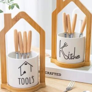 Ensemble de fourchettes avec pot en céramique et support en bambou – Design maison scandinave