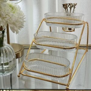 Plateau de service 3 niveaux Mikasa Moor Gold – Structure dorée et plats en verre cannelé