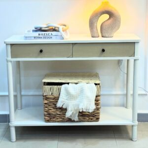 Console blanche avec tiroirs et étagère