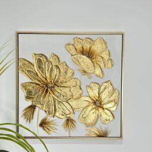 Tableau mural carré fleurs dorées 3D avec cadre