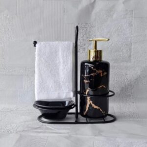 Ensemble de salle de bain 4 pièces noir et doré avec distributeur de savon
