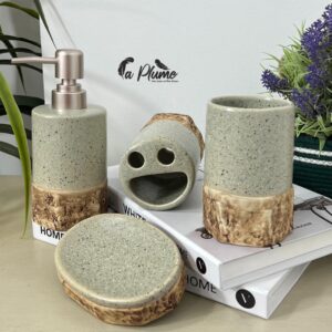 Set de bain en céramique mouchetée avec finition bois