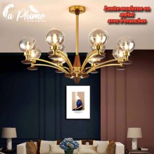 Lustre moderne en laiton doré avec boules en verre bicolores