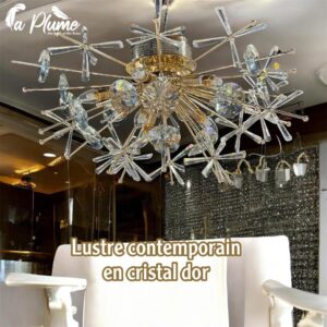 Lustre plume en cristal et métal doré