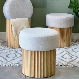 Pouf de rangement en tissu bouclé avec base en bois cannelé