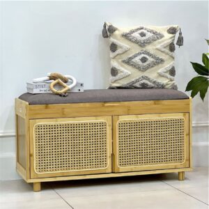 Banc de rangement en bambou avec assise matelassée et portes cannage