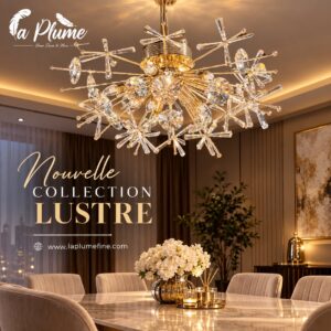Lustre plume en cristal et métal doré