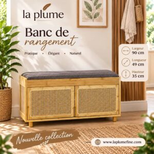 Banc de rangement en bambou avec assise matelassée et portes cannage