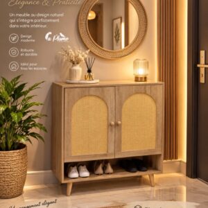 Meuble à chaussures en bois et rotin naturel