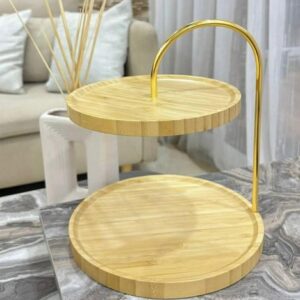 Porte Gâteau Rond Double Étage en Bois et Métal Doré
