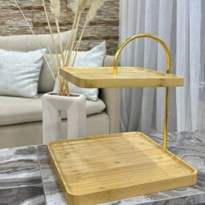 Porte Gâteau Carré Double Étage en Bois et Métal Doré