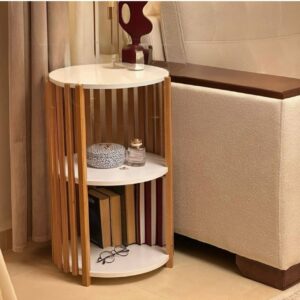Table d'Appoint Cylindrique Moderne – 3 Étagères et Structure en Lattes de Bois