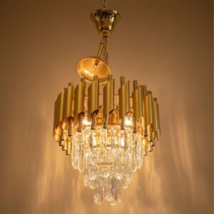 Lustre Pendentif à Disques et Cristaux – Finition Dorée