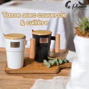 Mug en Céramique Avec Couvercle en Bois et Cuillère Dorée