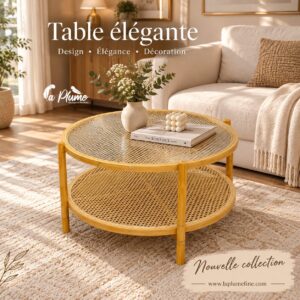 Table basse ronde en bois et verre