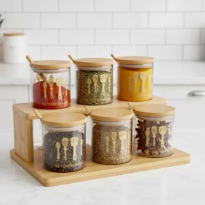 Porte Epices en Verre Avec Un Support Bambou