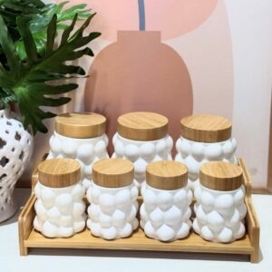 Set de Boîtes à Épices (7 Pièces, Céramique & Bambou)