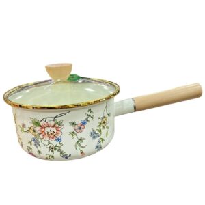 Casserole en émail florale "May" avec couvercle en verre et poignée en bois