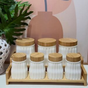 Set de Boîtes à Épices(7 Pièces, Céramique & Bambou)