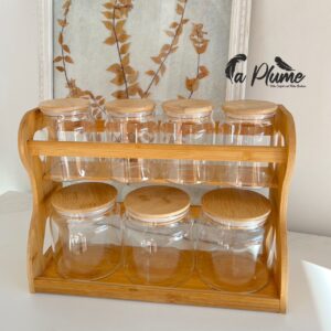 Porte-Épices avec Support en Bambou et Pots en Verre