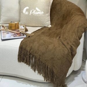 Plaid Marron à Motif et Longues Franges