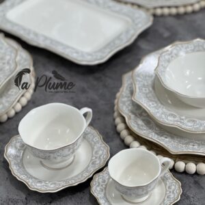 Service à Café 24 Pièces Gris au Style Baroque et Liseré Doré