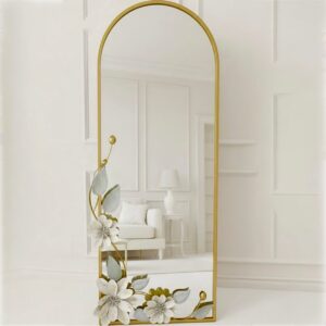 Miroir Décoratif avec Détails de Fleurs Blanches et Feuilles Grises