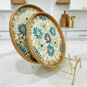 Plateaux en Mosaïque de Nacre et Osier Tressé