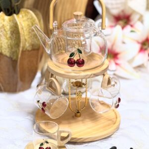 Service à Thé Complet en Verre et Bois 'Cherry' (Théière + 6 Tasses)