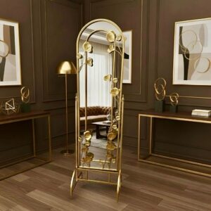 Grand Miroir Sur Pied Orné de Motifs Végétaux (Métal Doré)