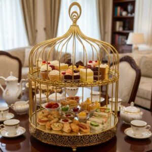 Plateau de Gâteaux Cage d'Oiseau Dorée (Version Double Étage)