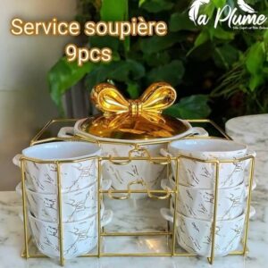 Service à soupière de 9 pièces  avec Support Doré