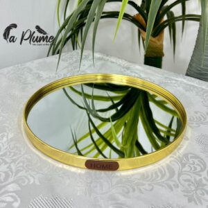 Plateau Miroir Circulaire Épure – Bordure Dorée et Détail "HOME"
