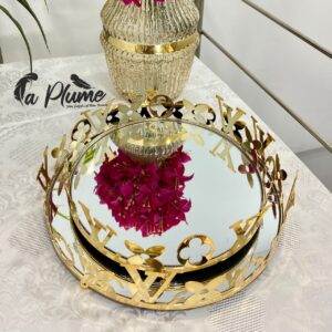 Plateau Miroir Design Moderne – Bordure Ajourée Dorée