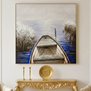 Grand Cadre Tableau Mural Barque sur l'Eau, Style Texturé