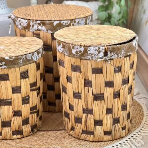 Corbeilles de Rangement en Fibres Naturelles Tressées avec Couvercle et Bordure Fleurie