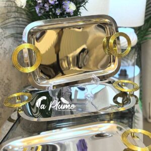 Plateau Rectangulaire en Métal Chromé à Poignées Dorées