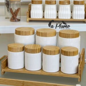 Set de Boîtes à Épices (7 Pièces, Blanc & Bambou)