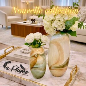 Vases en verre marbré ambre et vert